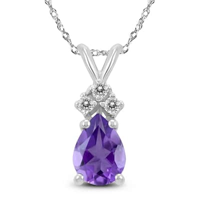 14K White Gold 7x5MM Pear Amethyst and Diamond Pendant