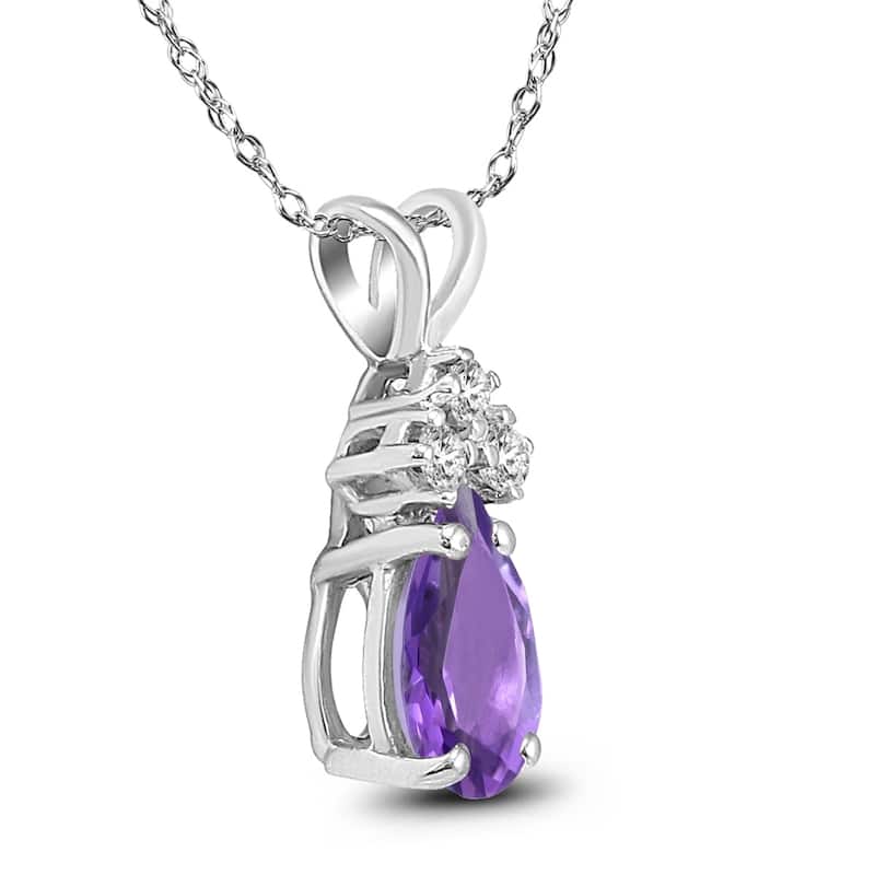 14K White Gold 7x5MM Pear Amethyst and Diamond Pendant