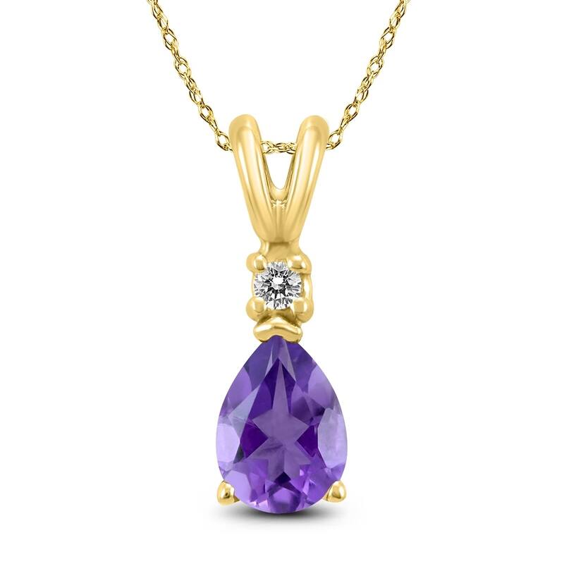 14K Yellow Gold 8x6MM Pear Amethyst and Diamond Pendant