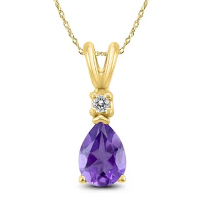 14K Yellow Gold 8x6MM Pear Amethyst and Diamond Pendant