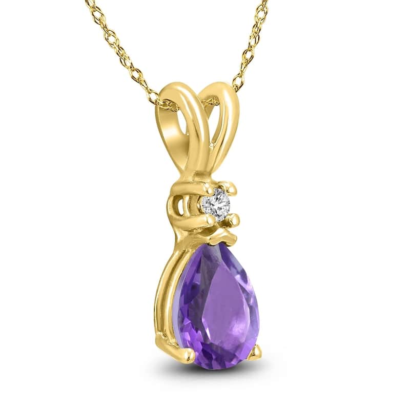 14K Yellow Gold 8x6MM Pear Amethyst and Diamond Pendant