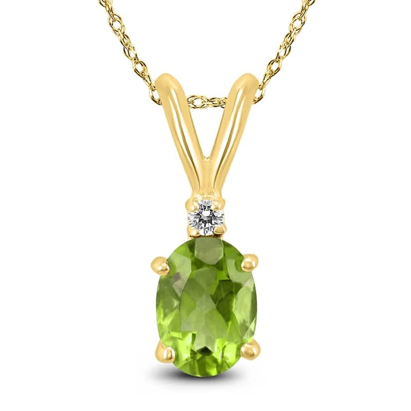 14K Yellow Gold 6x4MM Oval Peridot and Diamond Pendant
