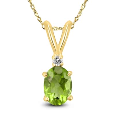 14K Yellow Gold 6x4MM Oval Peridot and Diamond Pendant