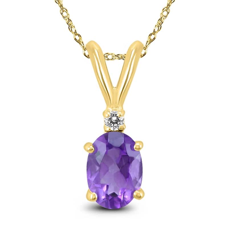 14K Yellow Gold 8x6MM Oval Amethyst and Diamond Pendant