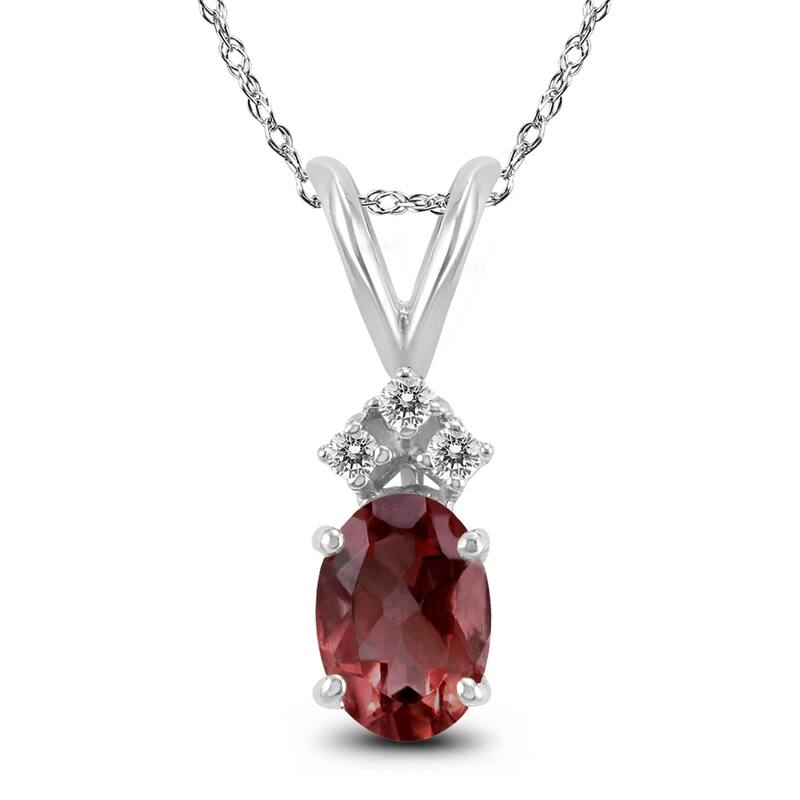 14K White Gold 8x6MM Oval Garnet and Diamond Pendant