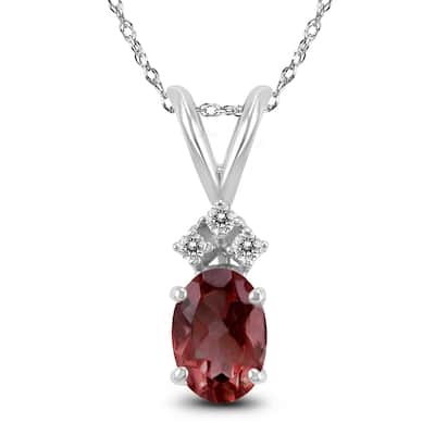 14K White Gold 8x6MM Oval Garnet and Diamond Pendant