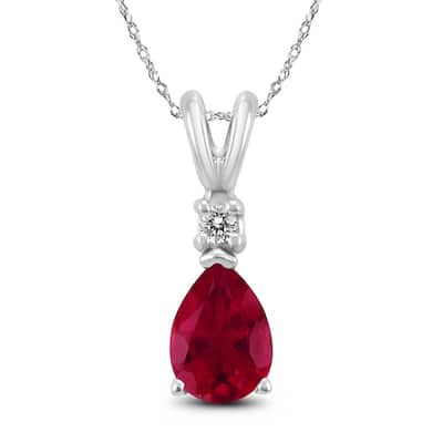 14K White Gold 6x4MM Pear Ruby and Diamond Pendant