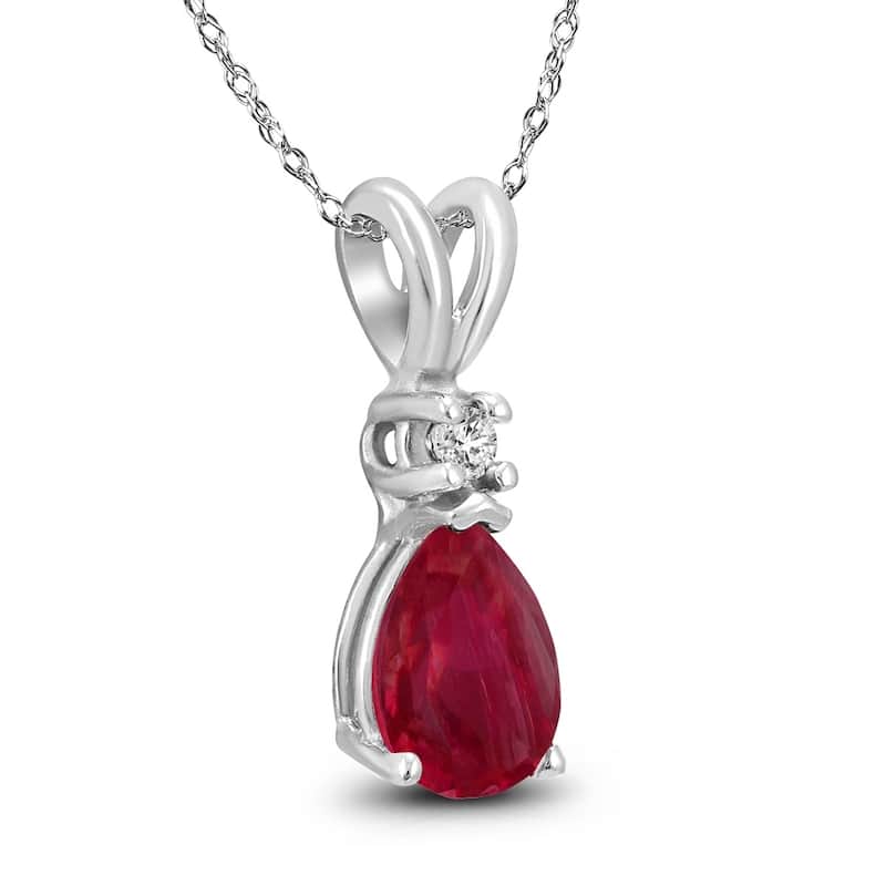 14K White Gold 6x4MM Pear Ruby and Diamond Pendant