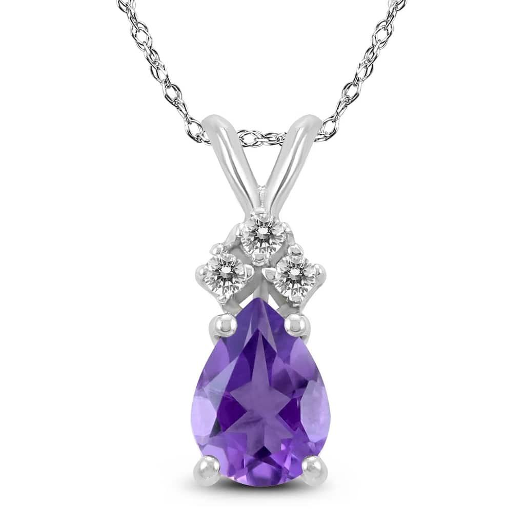 14K White Gold 6x4MM Pear Amethyst and Diamond Pendant