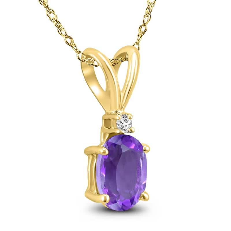 14K Yellow Gold 7x5MM Oval Amethyst and Diamond Pendant