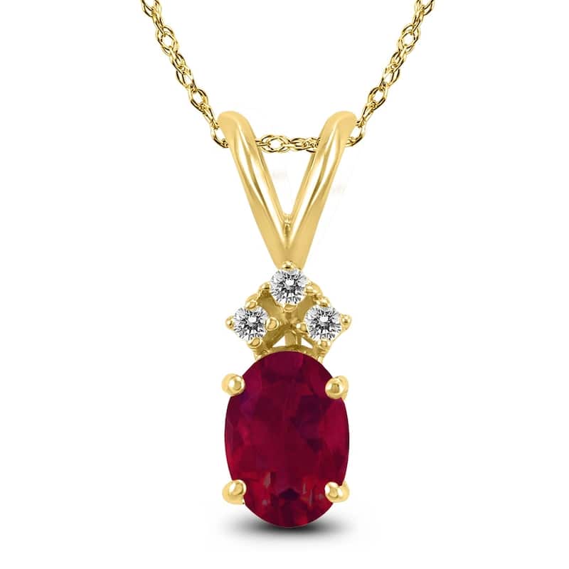 14K Yellow Gold 6x4MM Oval Ruby and Diamond Pendant