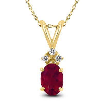 14K Yellow Gold 6x4MM Oval Ruby and Diamond Pendant