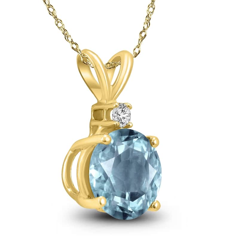 14K Yellow Gold 5MM Round Aquamarine and Diamond Pendant