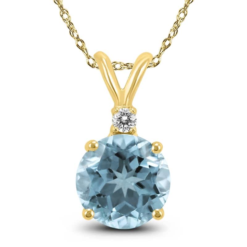 14K Yellow Gold 5MM Round Aquamarine and Diamond Pendant