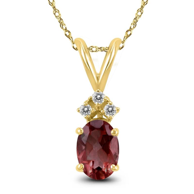 14K Yellow Gold 7x5MM Oval Garnet and Diamond Pendant