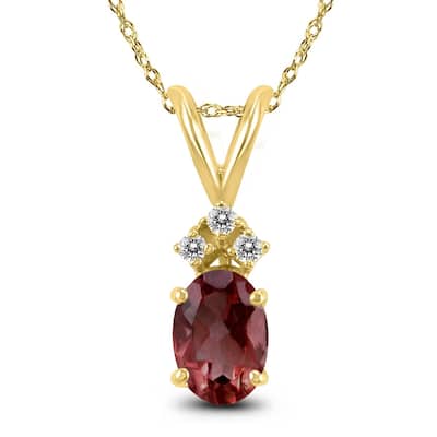 14K Yellow Gold 7x5MM Oval Garnet and Diamond Pendant