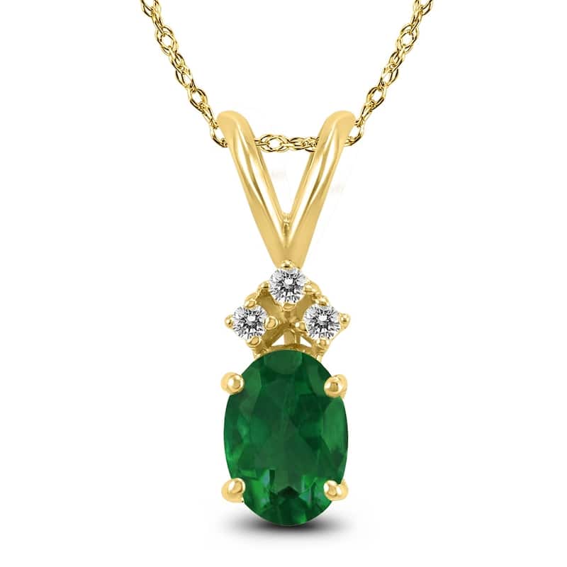14K Yellow Gold 6x4MM Oval Emerald and Diamond Pendant