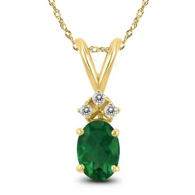 14K Yellow Gold 6x4MM Oval Emerald and Diamond Pendant