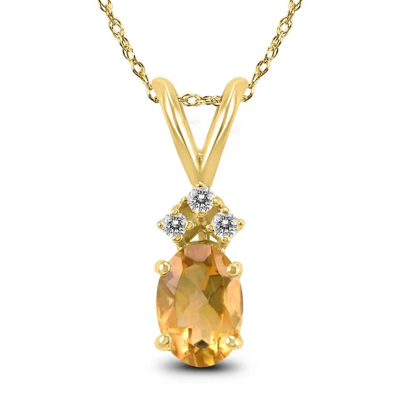14K Yellow Gold 8x6MM Oval Citrine and Diamond Pendant