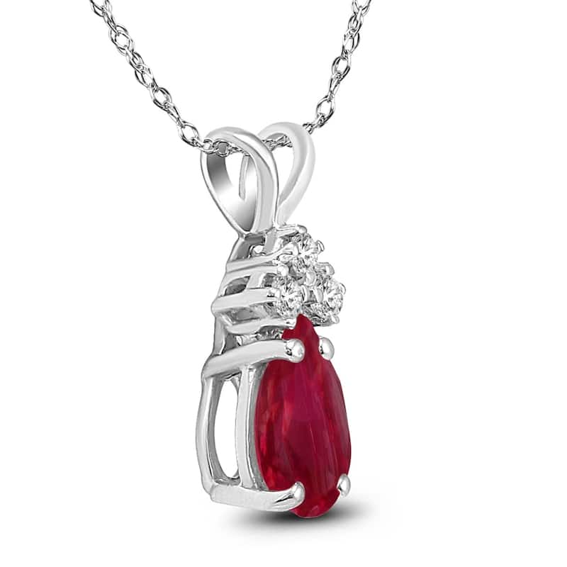 14K White Gold 6x4MM Pear Ruby and Diamond Pendant