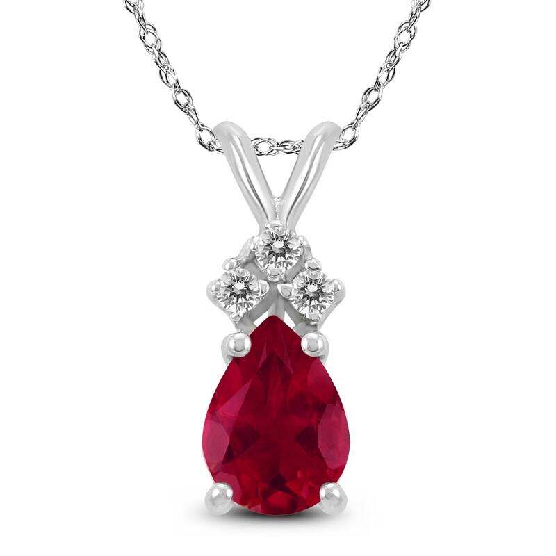 14K White Gold 6x4MM Pear Ruby and Diamond Pendant