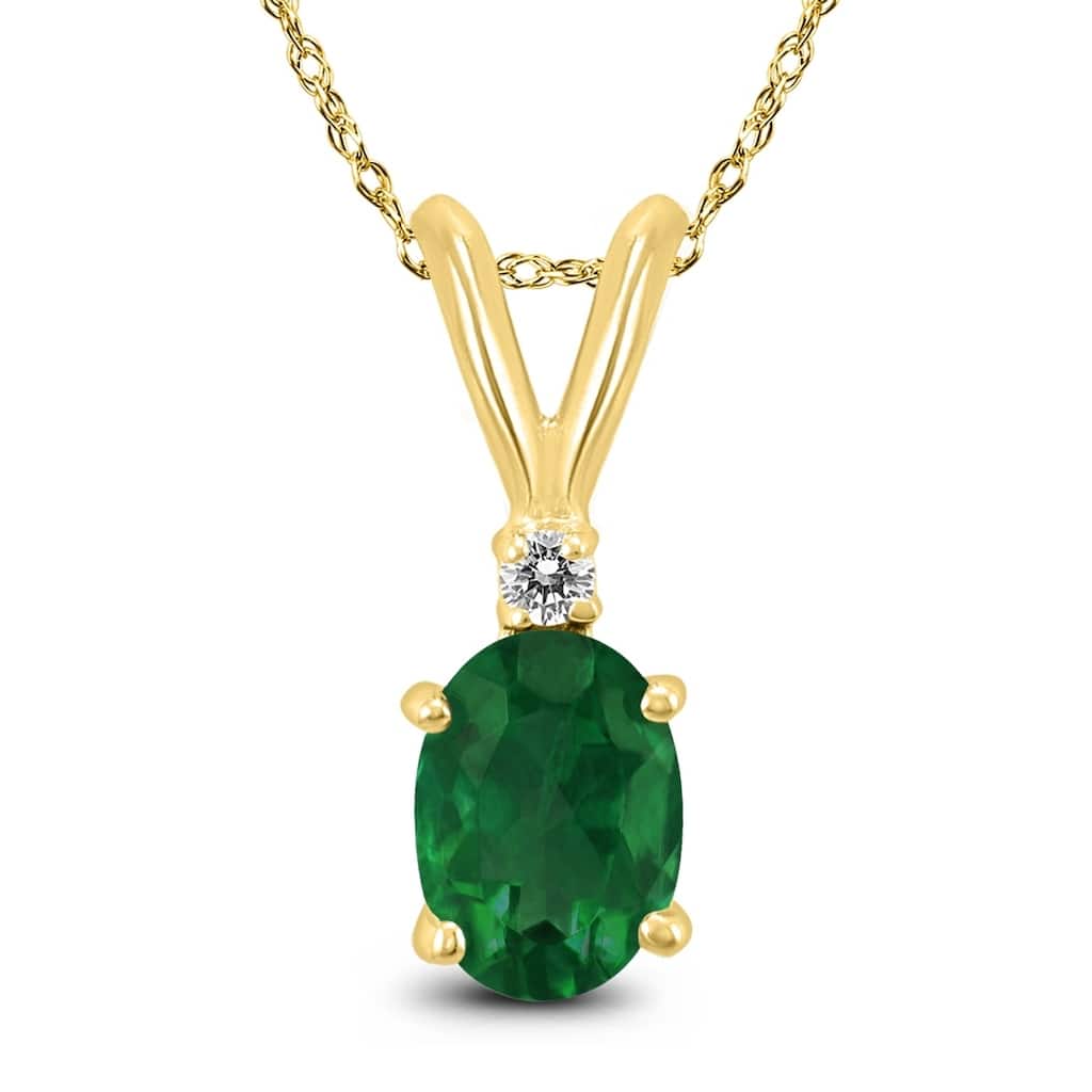 14K Yellow Gold 6x4MM Oval Emerald and Diamond Pendant