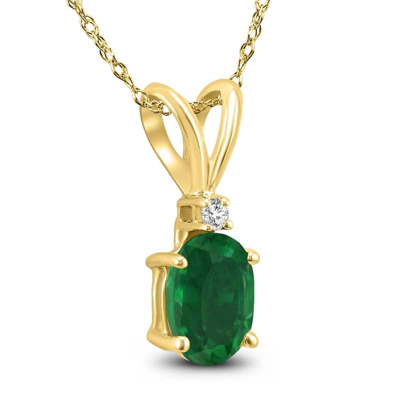 14K Yellow Gold 6x4MM Oval Emerald and Diamond Pendant