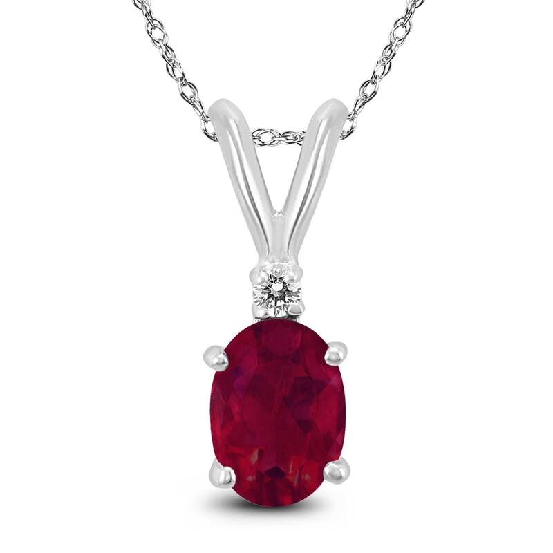 14K White Gold 5x3MM Oval Ruby and Diamond Pendant