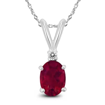 14K White Gold 5x3MM Oval Ruby and Diamond Pendant