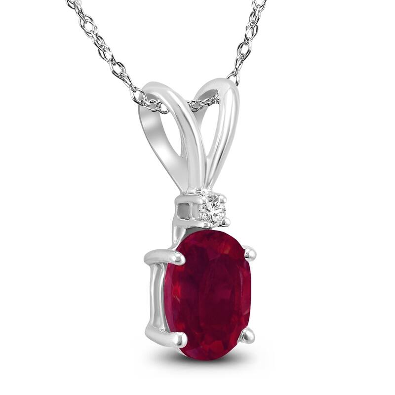 14K White Gold 5x3MM Oval Ruby and Diamond Pendant