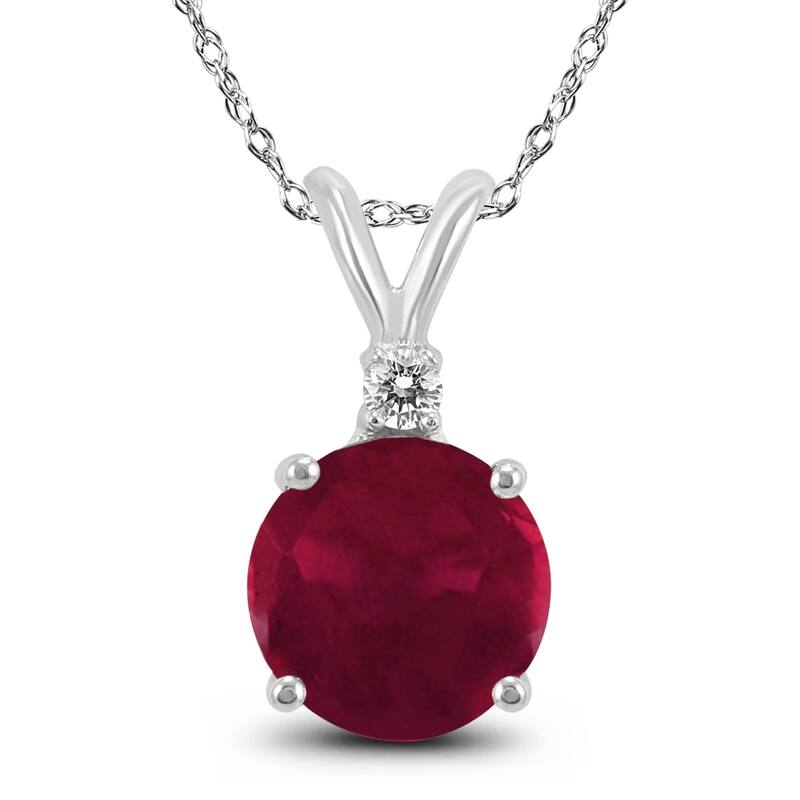 14K White Gold 5MM Round Ruby and Diamond Pendant