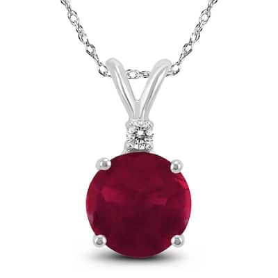 14K White Gold 5MM Round Ruby and Diamond Pendant