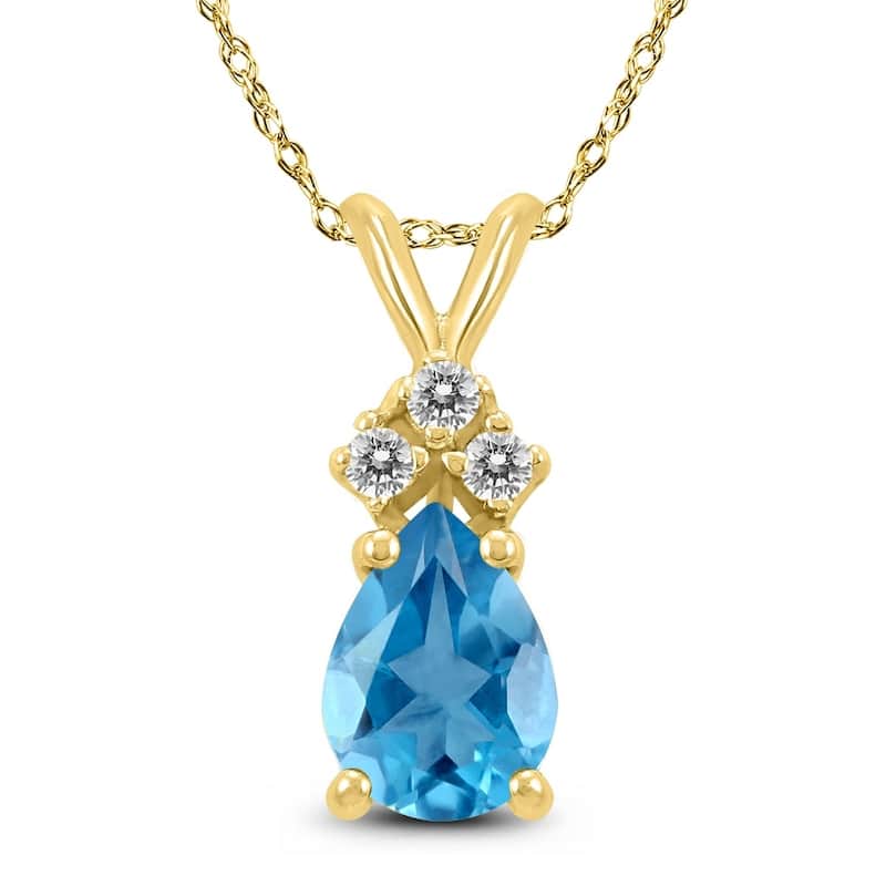 14K Yellow Gold 6x4MM Pear Blue Topaz and Diamond Pendant