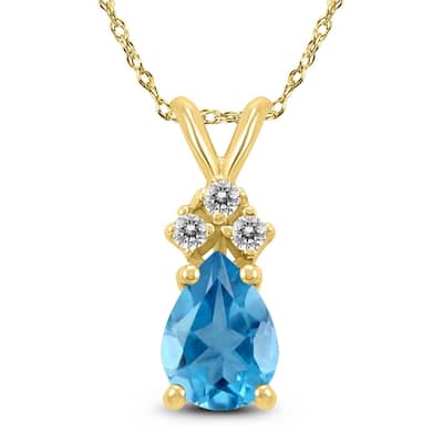 14K Yellow Gold 6x4MM Pear Blue Topaz and Diamond Pendant