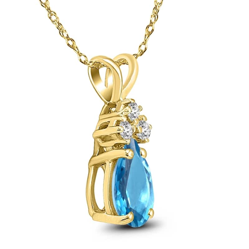 14K Yellow Gold 6x4MM Pear Blue Topaz and Diamond Pendant