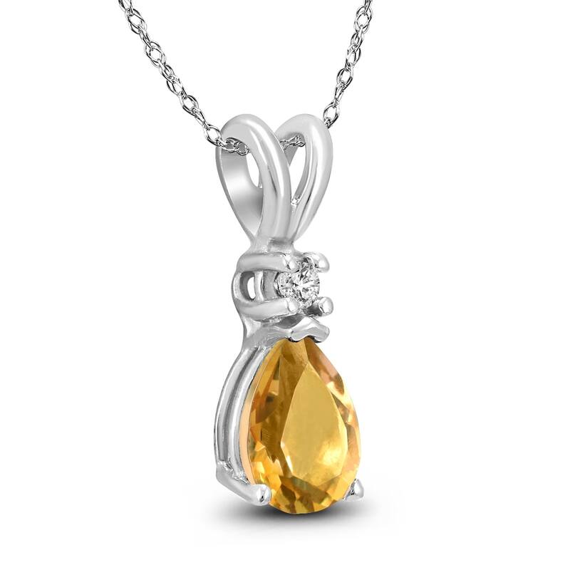 14K White Gold 8x6MM Pear Citrine and Diamond Pendant