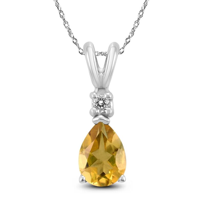 14K White Gold 8x6MM Pear Citrine and Diamond Pendant