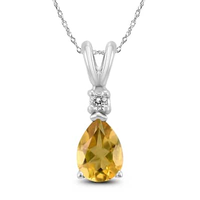14K White Gold 8x6MM Pear Citrine and Diamond Pendant