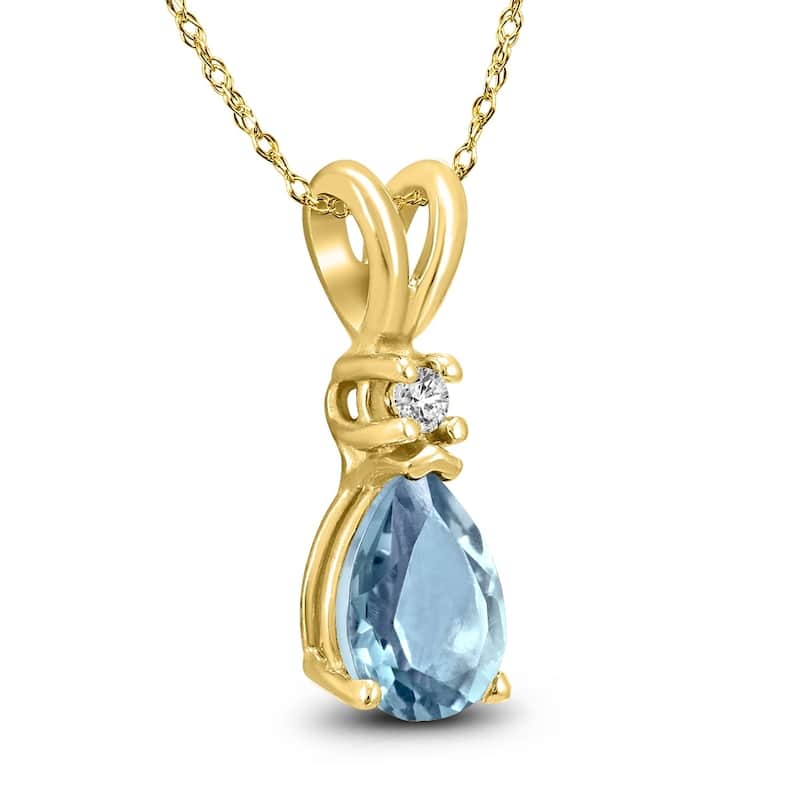14K Yellow Gold 6x4MM Pear Aquamarine and Diamond Pendant