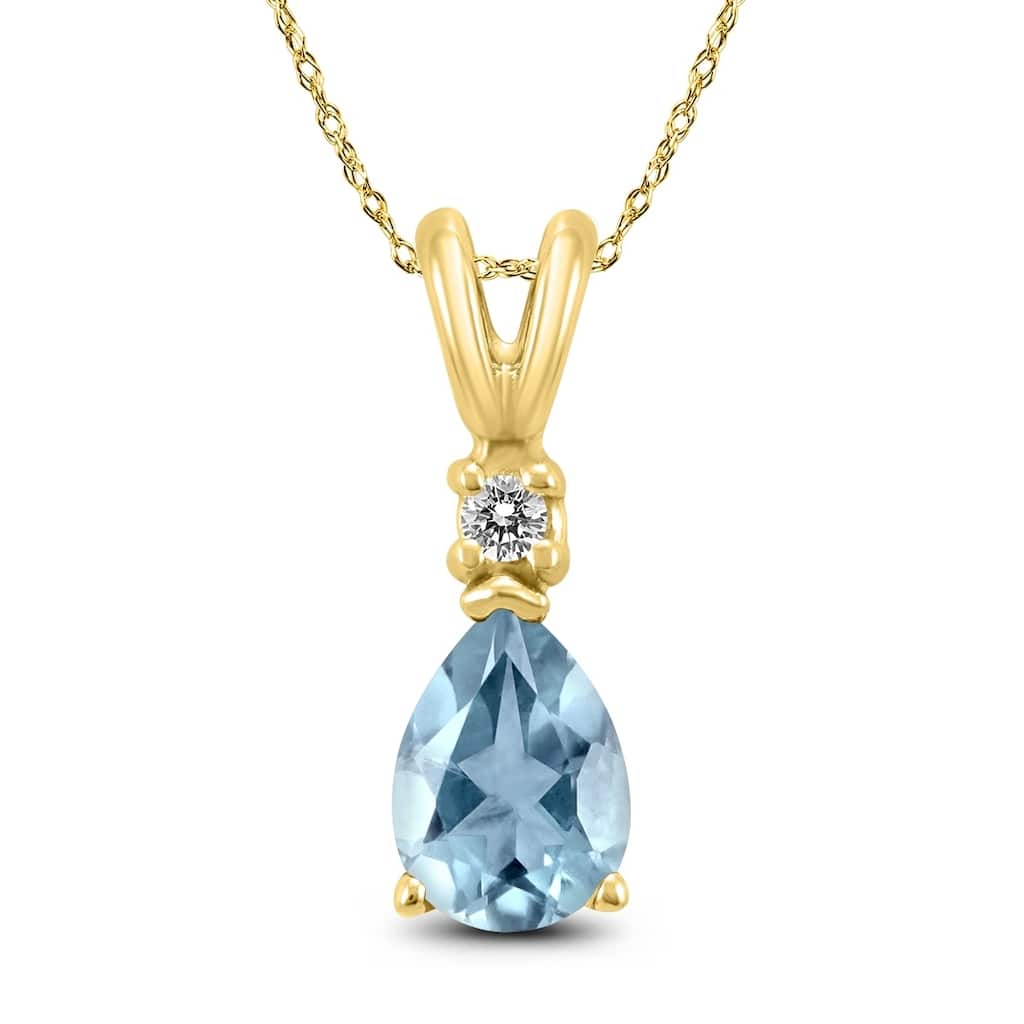 14K Yellow Gold 6x4MM Pear Aquamarine and Diamond Pendant