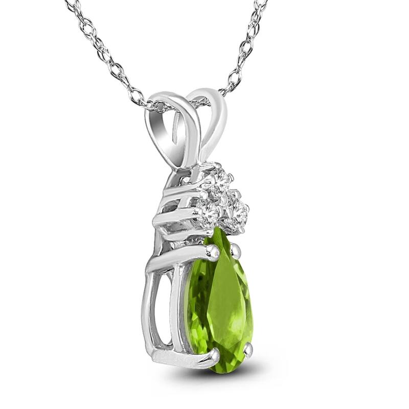 14K White Gold 8x6MM Pear Peridot and Diamond Pendant