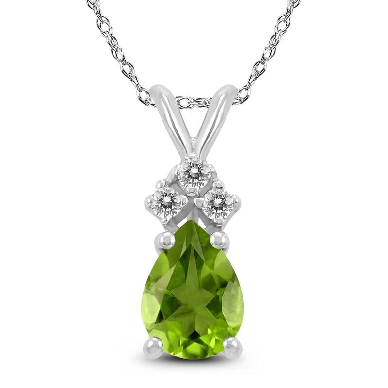 14K White Gold 8x6MM Pear Peridot and Diamond Pendant