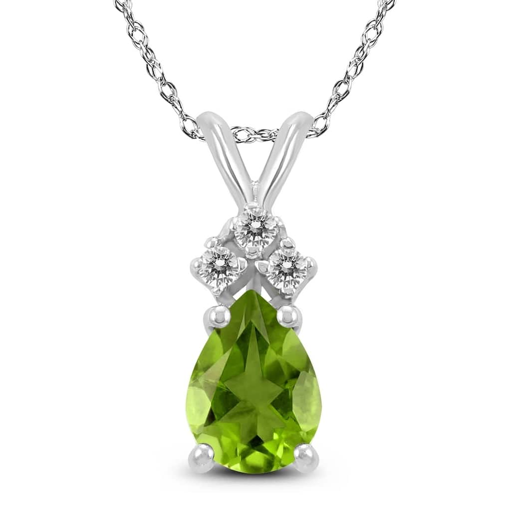 14K White Gold 8x6MM Pear Peridot and Diamond Pendant