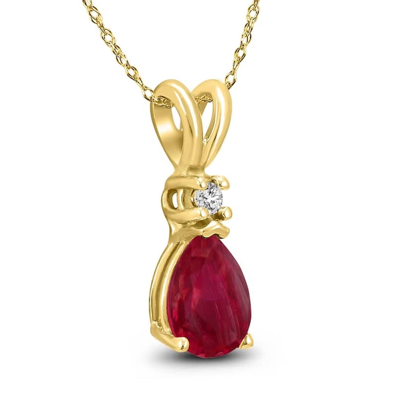 14K Yellow Gold 6x4MM Pear Ruby and Diamond Pendant