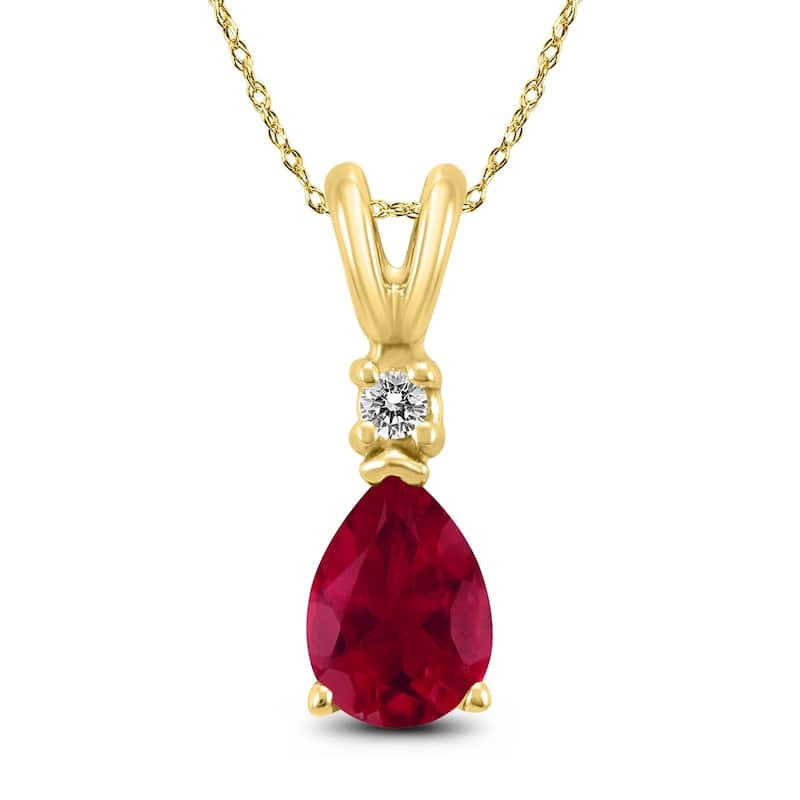 14K Yellow Gold 6x4MM Pear Ruby and Diamond Pendant