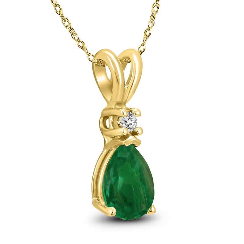14K Yellow Gold 5x3MM Pear Emerald and Diamond Pendant