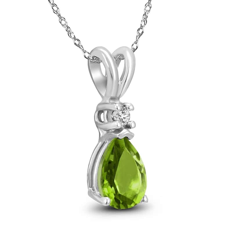 14K White Gold 8x6MM Pear Peridot and Diamond Pendant
