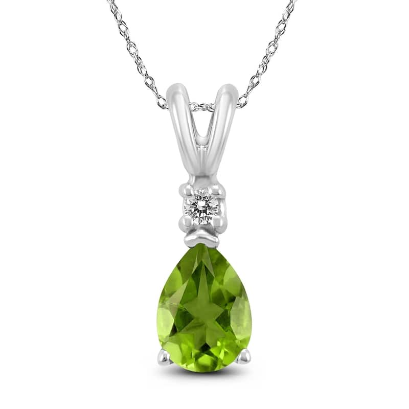 14K White Gold 8x6MM Pear Peridot and Diamond Pendant