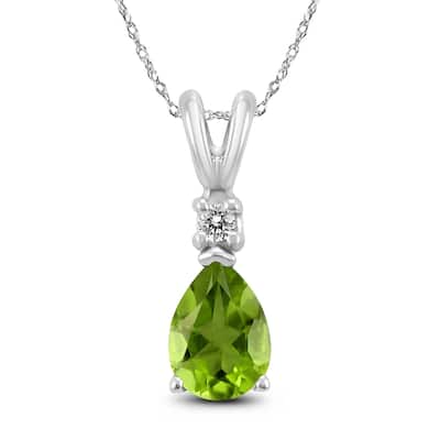 14K White Gold 8x6MM Pear Peridot and Diamond Pendant