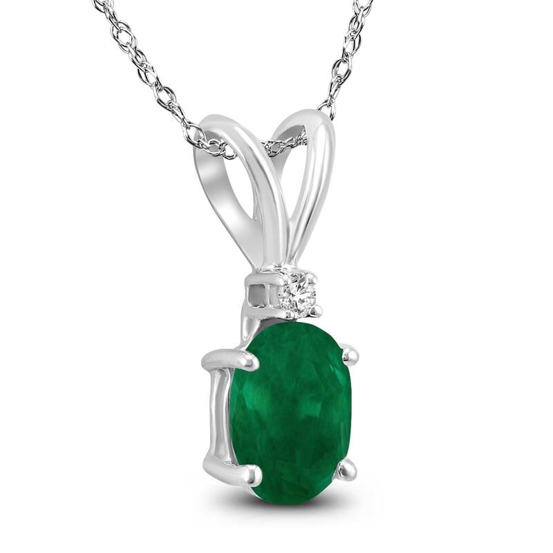 14K White Gold 5x3MM Oval Emerald and Diamond Pendant